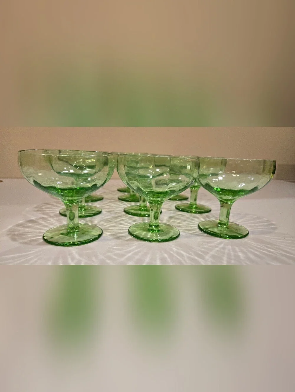 Vintage Depression Green Glass Dessert Coupes - Set of 10